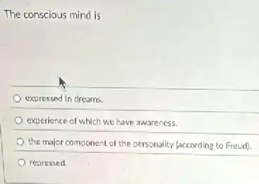 The conscious mind is
expressed in dreams.
experience of which we have awareness.
the major component of the personality faccording to Freud).
repressed.