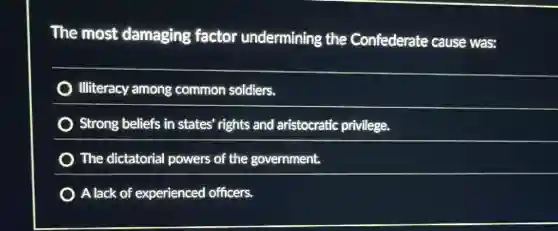 The most damaging factor undermining the Confederate cause was:
Illiteracy among common soldiers.
Strong beliefs in states' rights and aristocratic privilege.
The dictatorial I powers of the government.
A lack of experienced officers.