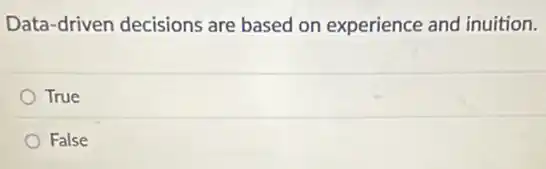 Data-driven decisions are based on experience and inuition.
True
False