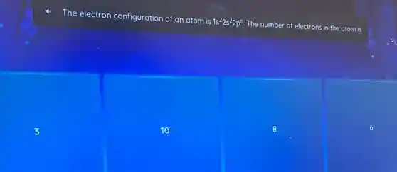 The electron configuration of an atom is 1 s^2 2 s^2 2 p^6 . The number of electrons in the atom is
3
10
8
6