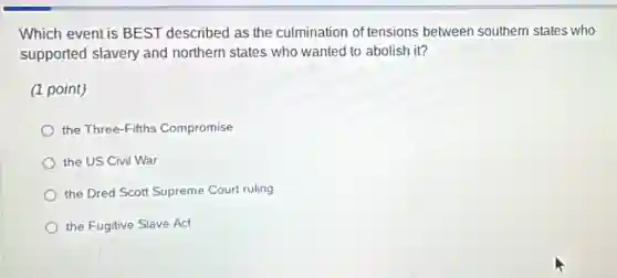 Which event is BEST described as the culmination of tensions between southern states who
supported slavery and northern states who wanted to abolish it?
(1 point)
the Three-Fifths Compromise
the US Civil War
the Dred Scott Supreme Court ruling
the Fugitive Slave Act
