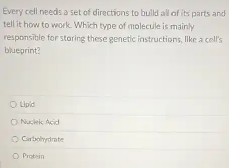 Every cell needs a set of directions to build all of its parts and
tell it how to work. Which type of molecule is mainly
responsible for storing these genetic instructions, like a cell's
blueprint?
Lipid
Nucleic Acid
Carbohydrate
Protein
