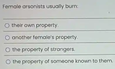 Female arsonists usually burn:
their own property.
another female's property.
the property of strangers.
the property of someone known to them.