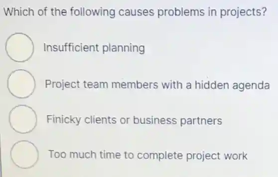 Which of the following causes problems in projects?
Insufficient planning
Project team members with a hidden agenda
Finicky clients or business partners
Too much time to complete project work