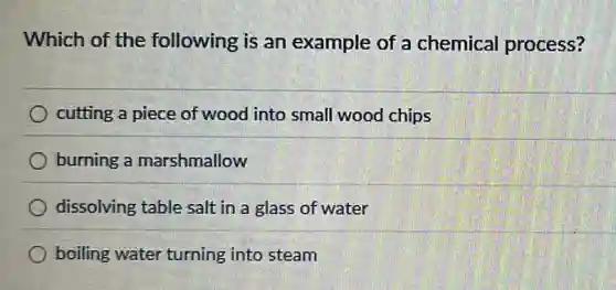 Which of the following is an example of a chemical process?
cutting a piece of wood into small wood chips
burning a marshmallow
dissolving table salt in a glass of water
boiling water turning into steam