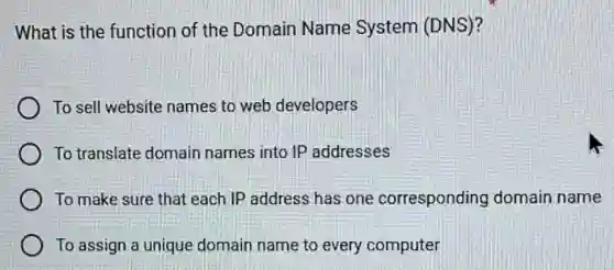 What is the function of the Domain Name System (DNS)?
To sell website names to web developers
To translate domain names into IP addresses
To make sure that each IP address has one corresponding domain name
To assign a unique domain name to every computer