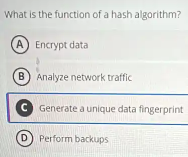 What is the function of a hash algorithm?
A Encrypt data
B Analyze network traffic
C Generate a unique data fingerprint
D Perform backups