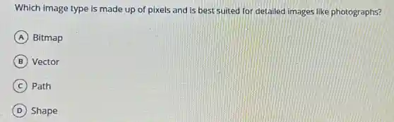 Which image type is made up of pixels and is best suited for detailed images like photographs?
A Bitmap
B Vector
C Path
D Shape