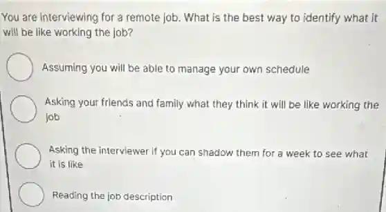 You are interviewing for a remote job. What is the best way to identify what it
will be like working the job?
Assuming you will be able to manage your own schedule
Asking your friends and family what they think it will be like working the
job
Asking the interviewer if you can shadow them for a week to see what
it is like
Reading the job description