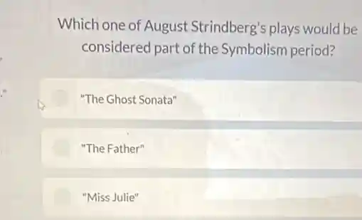 Which one of August Strindberg's plays would be
considered part of the Symbolism period?
"The Ghost Sonata"
"The Father"
"Miss Julie"