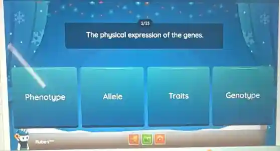 The physical expression of the genes.
Phenotype
Allele
Traits
Genotype