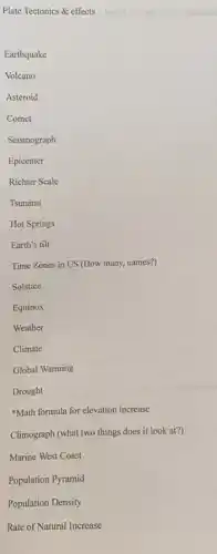 Plate Tectonics & effects
Earthquake
Volcano
Asteroid
Comet
Seismograph
Epicenter
Richter Scale
Tsunami
Hot Springs
Earth's tilt
Time Zones in US (How many, names?)
Solstice
Equinox
Weather
Climate
Global Warming
Drought
"Math formula for elevation increase
Climograph (what two things does it look at?)
Marine West Coast
Population Pyramid
Population Density
Rate of Natural Increase