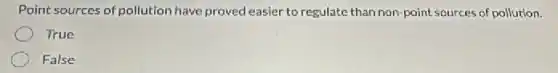 Point sources of pollution have proved easier to regulate than non-point sources of pollution.
True
False
