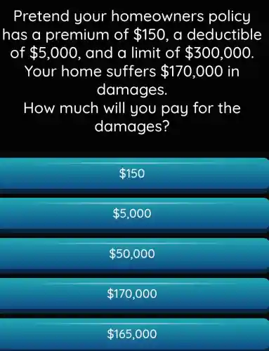 Pretend your homeowners policy
has a premium of 150 . a deductible
of 5,000 , and a limit of 300,000
Your home suffers 170,000 in
damages.
How much will you pay for the
damages?
150
5,000
50,000
170,000
165,000