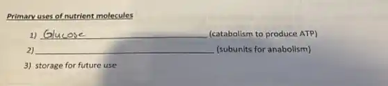 Primary uses of nutrient molecules
1) __ (catabolism to produce ATP)
2) __ (subunits for anabolism)
3) storage for future use