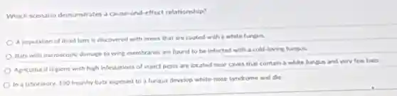 Which scenario demonstrates a cause-and-effect relationship?
A population of dead bats is discovered with noses that are coated with a white fungus.
Bats with microscopic damage to wing membranes are found to be infected with a cold-loving fungus.
Agricultural regions with high infestations of insect pests are located near caves that contain a white fungus and very few bats
In a laboratory, 100 healthy bats exposed to a fungus develop white nose syndrome and die.