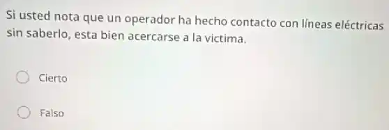 Si usted nota que un operador ha hecho contacto con líneas eléctricas
sin saberlo, esta bien acercarse a la victima.
Cierto
Falso