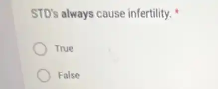 STD's always cause infertility.
True
False