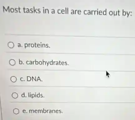 Most tasks in a cell are carried out by:
a. proteins.
b. carbohydrates.
C. DNA.
d. lipids.
e. membranes.