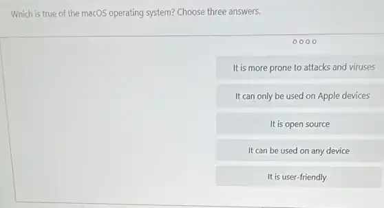 Which is true of the macOS operating system?Choose three answers.
0000
It is more prone to attacks and viruses
It can only be used on Apple devices
It is open source
It can be used on any device
It is user-friendly