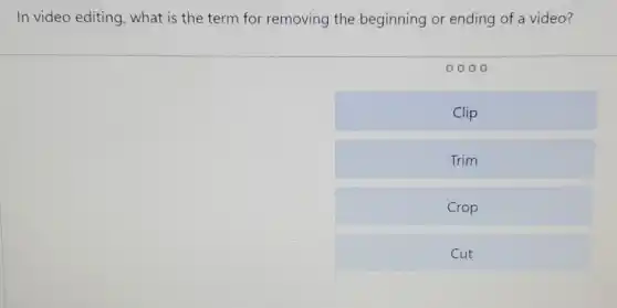 In video editing, what is the term for removing the beginning or ending of a video?
0000
Clip
Trim
Crop
Cut