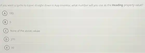 If you want a sprite to travel straight down in App Inventor, what number will you use as the Heading property value?
A 180
B 0
C None of the above values
D 270
E 90