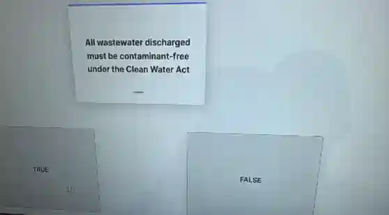 All wastewater discharged
must be contaminant-free
under the Clean Water Act
TRUE
FALSE