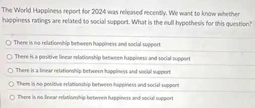 The World Happiness report for 2024 was released recently. We want to know whether
happiness ratings are related to social support. What is the null hypothesis for this question?
There is no relationship between happiness and social support
There is a positive linear relationship between happiness and social support
There is a linear relationship between happiness and social support
There is no positive relationship between happiness and social support
There is no linear relationship between happiness and social support