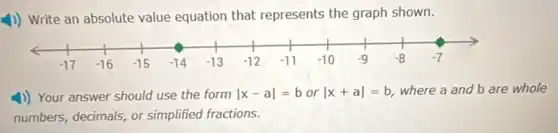 )) Write an absolute value equation that represents the graph shown.
4) Your answer should use the form vert x-avert =borvert x+avert =b where a and b are whole
numbers, decimals, or simplified fractions.
