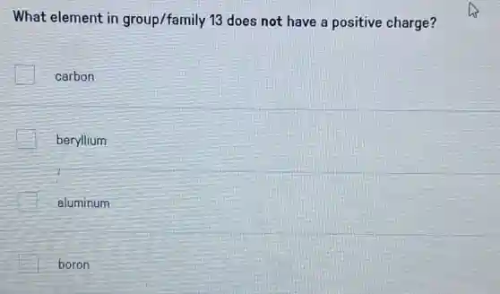 What element in group/family 13 does not have a positive charge?
carbon
beryllium
aluminum
boron