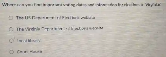 Where can you find important voting dates and information for elections in Virginia?
The US Department of Elections website
The Virginia Department of Elections website
Local library
Court House