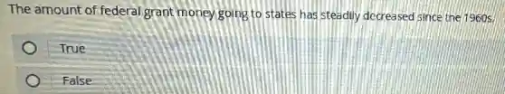 The amount of federal grant money going to states has steadily decreased since the 1960s.
True
False