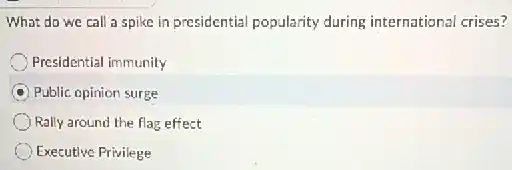What do we call a spike in presidential popularity during international crises?
Presidential immunity
C Public opinion surge
Rally around the flag effect
Executive Privilege