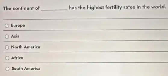 The continent of __ has the highest fertility rates in the world.
Europe
Asia
North America
Africa
South America