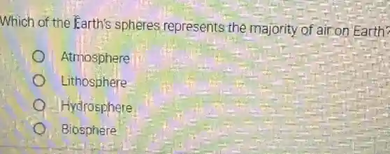 Which of the Earth's spheres represents the majority of air on Earth?
Atmosphere
Lithosphere
Hydrosphere
Biosphere