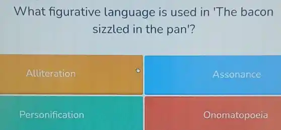 What figurative language is used in 'The bacon
sizzled in the pan'?
Alliteration
Assonance
Personification
Onomatopoeia