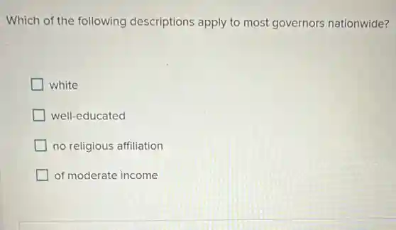 Which of the following descriptions apply to most governors nationwide?
white
well-educated
no religious affiliation
of moderate income