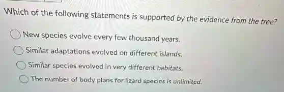 Which of the following statements is supported by the evidence from the tree?
New species evolve every few thousand years.
Similar adaptations evolved on different islands.
Similar species evolved in very different habitats.
The number of body plans for lizard species is unlimited.