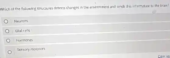 Which of the following structures detects changes in the environment and sends this information to the brain?
Neurons
Glial cells
Hormones
Sensory receptors