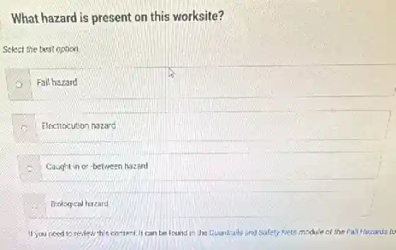 What hazard is present on this worksite?
Select the best option.
Fall hazard
Electrocution hazard
Caught-in or-between hazard
Biological hazard
If you need to review this content, it can be found in the Gurdrails