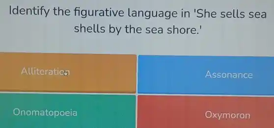 Identify the figurative language in 'She sells sea
shells by the sea shore.
Alliteratics
Assonance
Onomatopoeia
Oxymoron