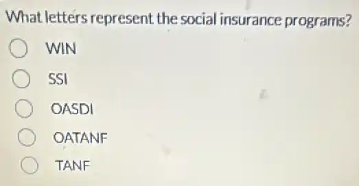 What letters represent the social insurance programs?
WIN
SSI
OASDI
OATANF
TANF