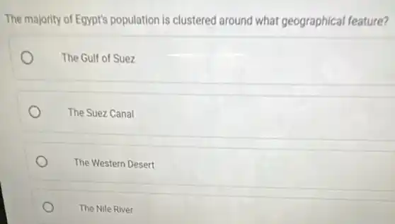 The majority of Egypt's population is clustered around what geographical feature?
The Gulf of Suez
The Suez Canal
The Western Desert
The Nile River