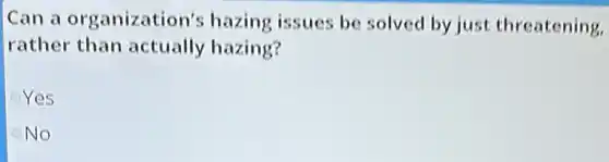 Can a organization's hazing issues be solved by just threatening.
rather than actually hazing?
Yes
No