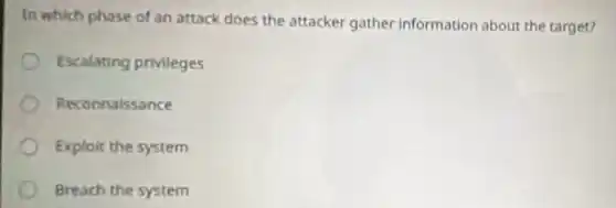 In which phase of an attack does the attacker gather information about the target?
Escalating privileges
Reconnaissance
Exploit the system
Breach the system