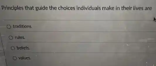 Principles that guide the choices individuals make in their lives are
traditions.
rules.
beliefs.
values.