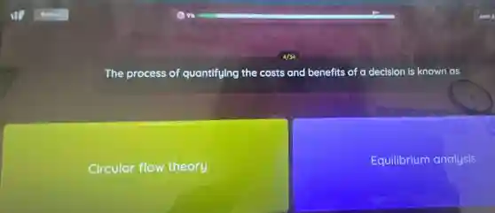 The process of quantifying the costs and benefits of a decision is known as
Circular flow theory
Equilibrium analysis