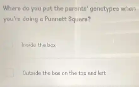 Where do you put the parents' genotypes when
you're doing a Punnett Square?
Inside the box
Outside the box on the top and left
