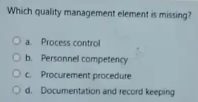 Which quality management element is missing?
a. Process control
b. Personnel competency
c. Procurement procedure
d. Documentation and record keeping