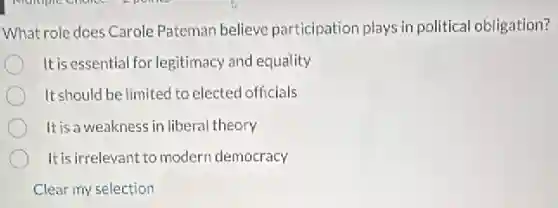 What role does Carole Pateman believe participation plays in political obligation?
It is essential for legitimacy and equality
It should be limited to elected officials
It is a weakness in liberal theory
It is irrelevant to modern democracy